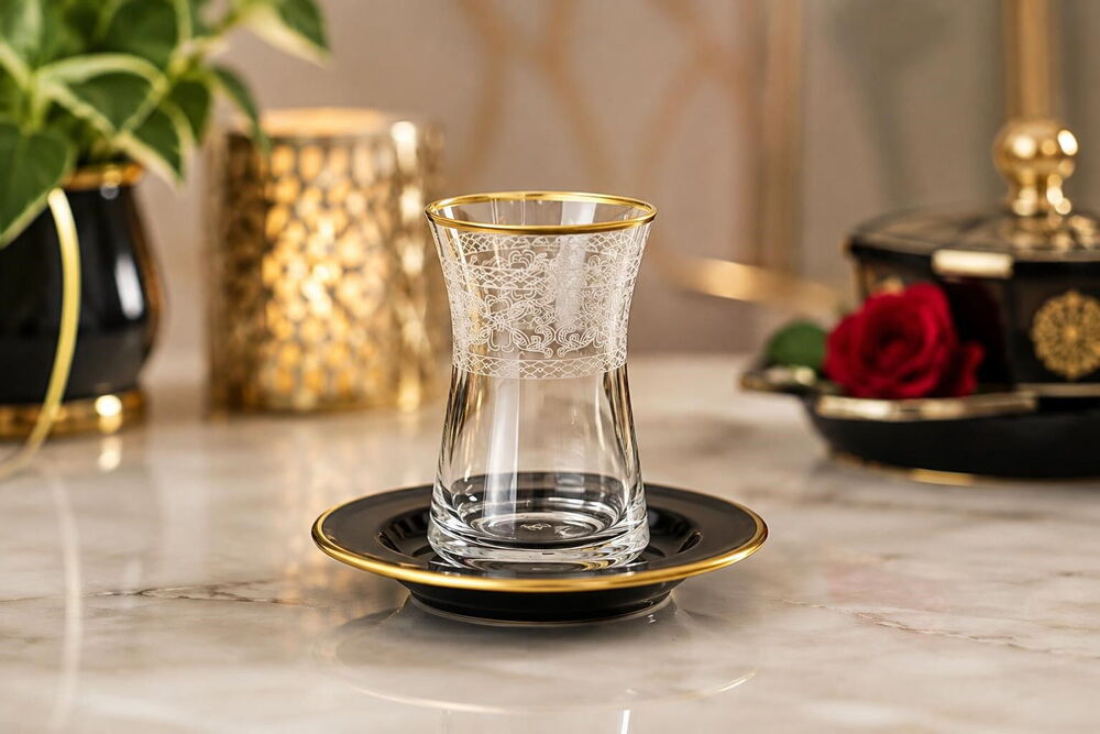 Psb.ÇAY SETİ Heybeli Sıyah Tabaklı Mat Altın Ağız Bant ÇAY SETİ 1453 Kette - Gold Şeffaf