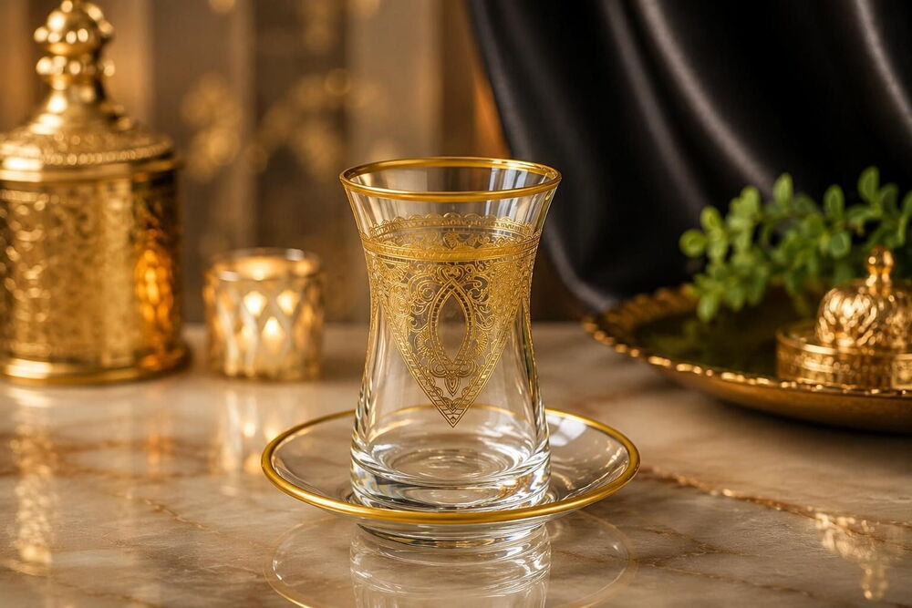 Psb.ÇAY SETİ Heybeli Altın Agız Bant 1456  Sirmine - Gold Şeffaf